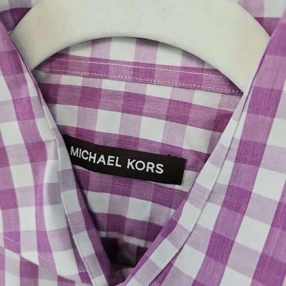 Michael Kors Dress Shirt Mens Size 16.5 Purple/White Check 100% Cotton Designer - Picture 2 of 8